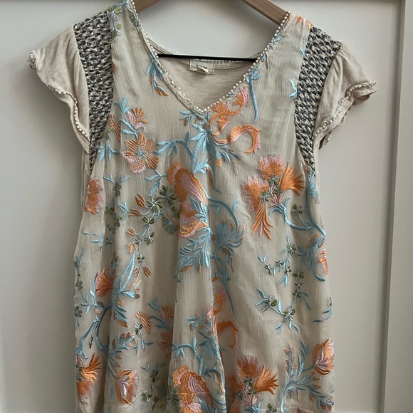 Tops - Floral Embroidered Women's Top - Cream and Orange